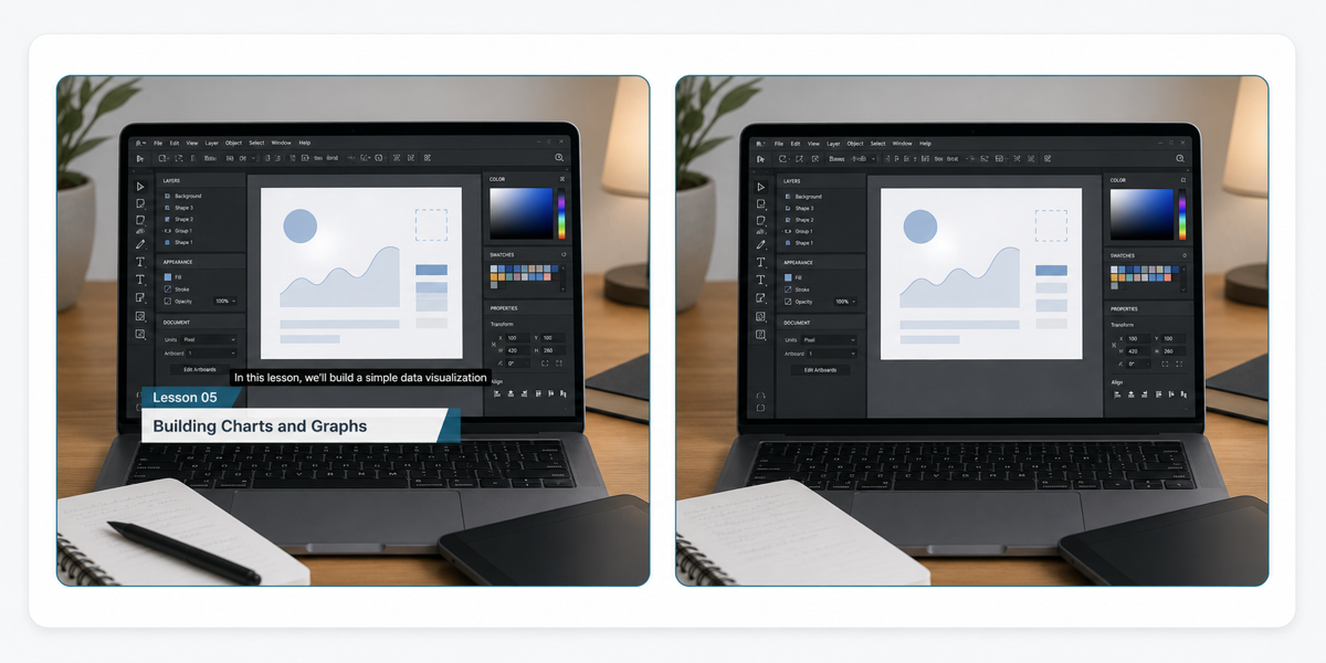 A tutorial video shown before and after subtitle and lower-third overlays are removed.