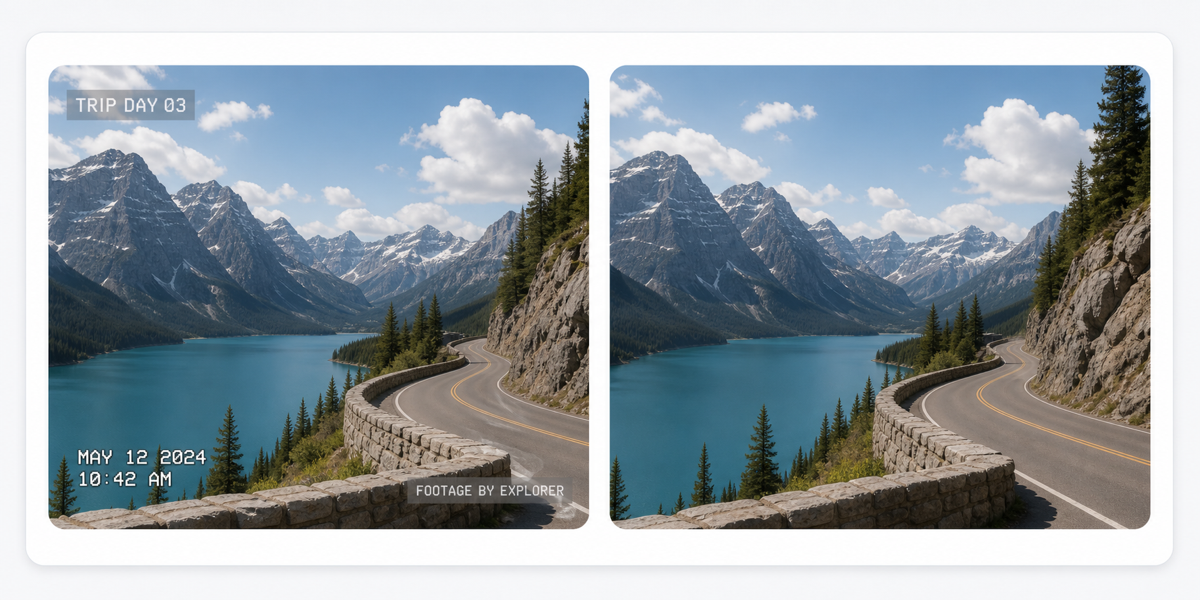A travel video shown before and after timestamp and watermark-like text is removed.