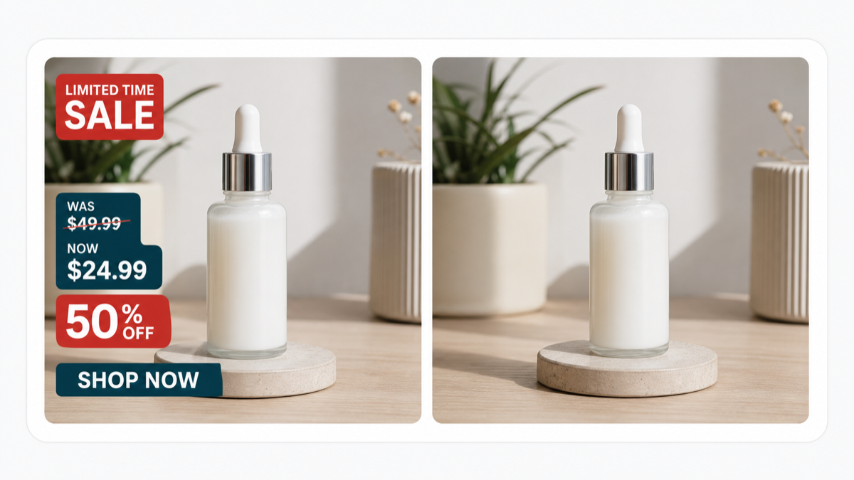 A product video shown before and after promotional text overlays are removed.