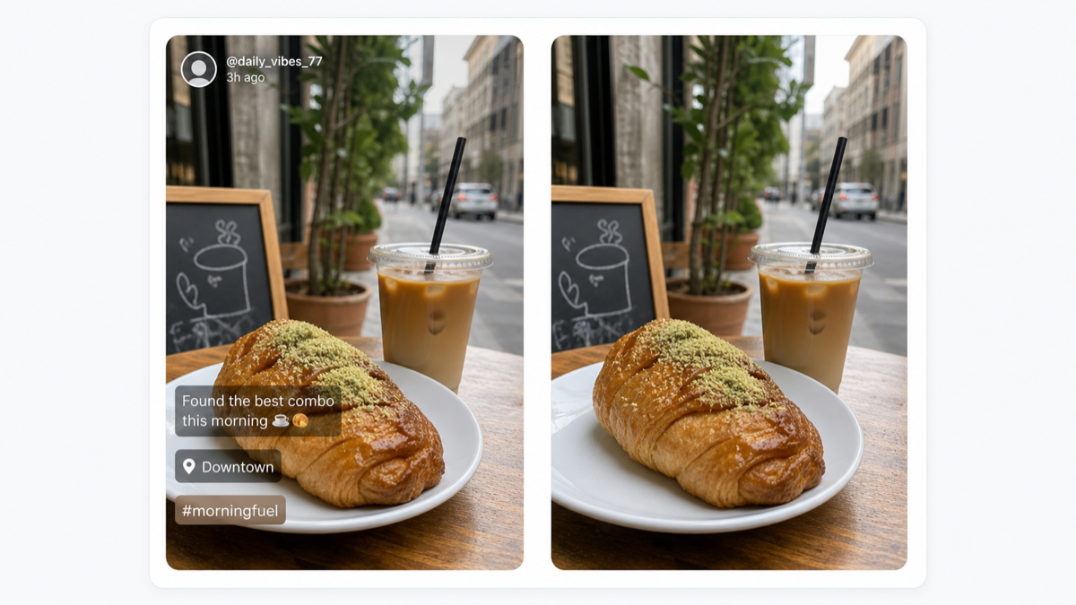 A short-form cafe clip shown before and after social overlays are removed.